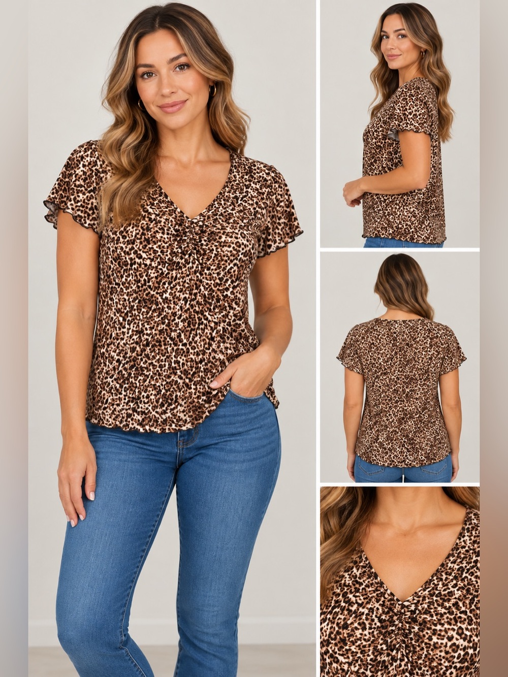 love, Fire Leopard Print V-Neck Short Sleeve Top - Brown/Tan Large